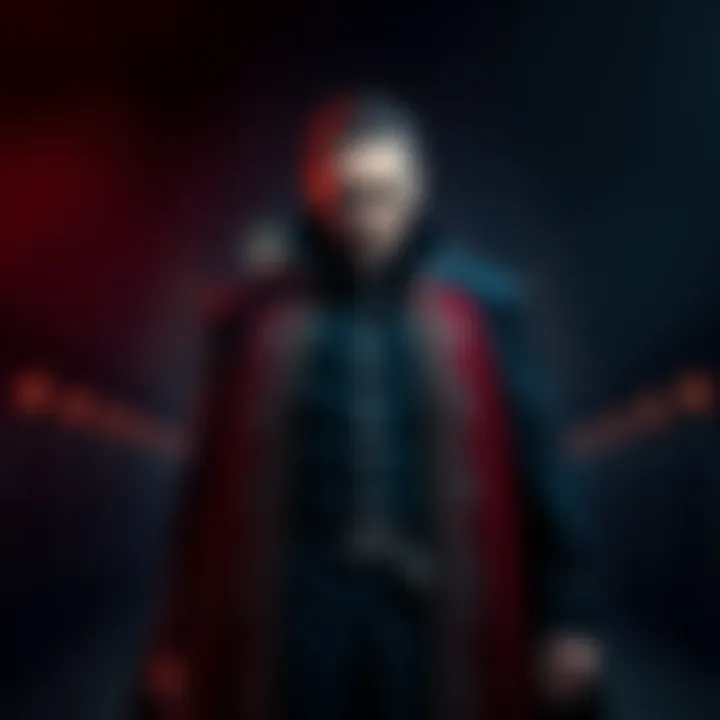 Vlad Dracula stands tall in his regal attire, showcasing a powerful and calm demeanor, surrounded by a dark and moody backdrop.