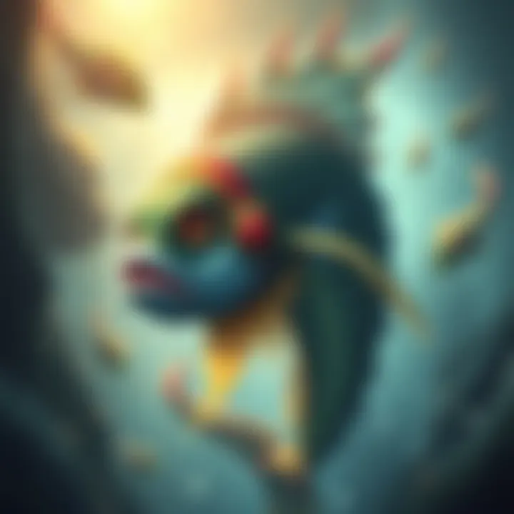 A detailed illustration of Vlithryn, a fish person character with colorful scales and aquatic features, showcasing its traits and abilities.