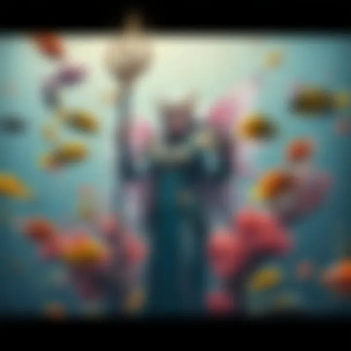 Vlithryn, the sea champion, surrounded by colorful fish and coral, raises her trident high, symbolizing her mission to help land dwellers.