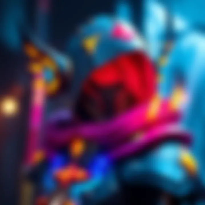 A detailed view of a cosplayer dressed as a VoG Warlock, showcasing vibrant colors and intricate design elements