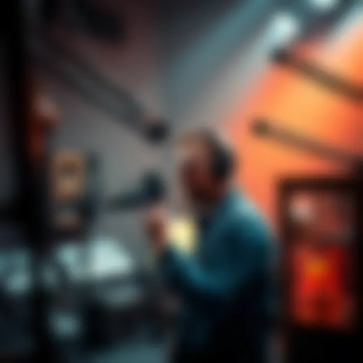 A voice actor recording in a studio surrounded by microphones and sound equipment.