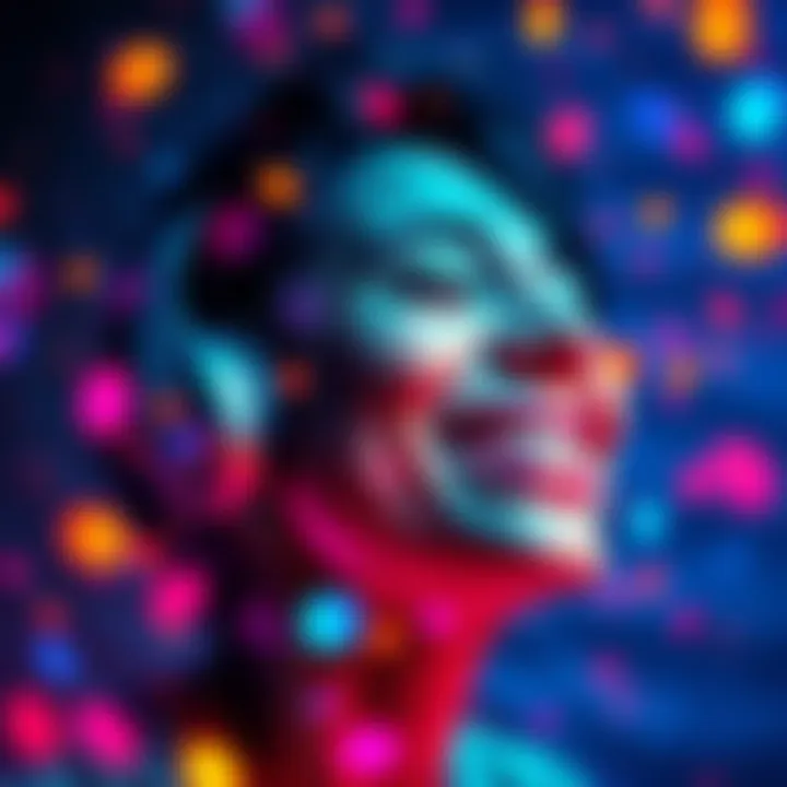 A person smiling while listening to a soothing voice, surrounded by vibrant colors representing joy and healing.