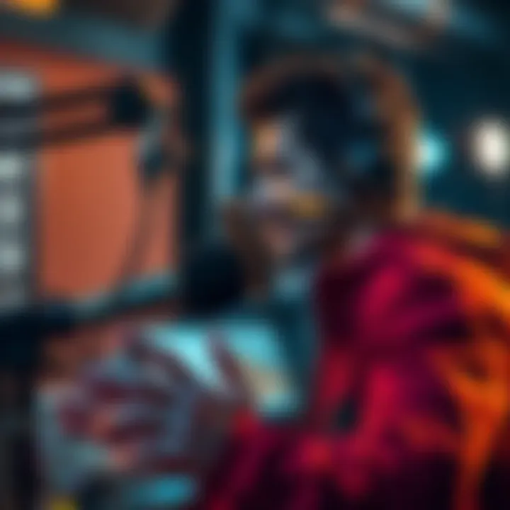 Voice actor in a recording studio, focused and expressing emotion while performing lines for Crimson Desert's hero.