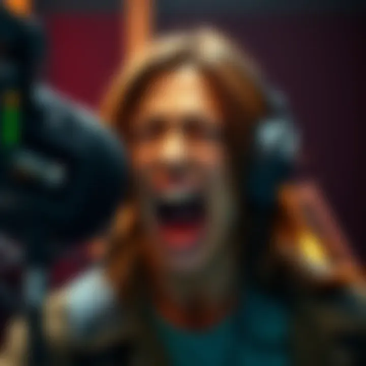 A voice actor passionately performing a scream in a recording studio, capturing the essence of survival games like Lara's. Their expression shows intensity and fear, reflecting the game's atmosphere.