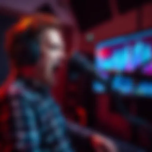 A voice actor in a recording studio, speaking into a microphone, with sound waves on a screen showing vocal performance