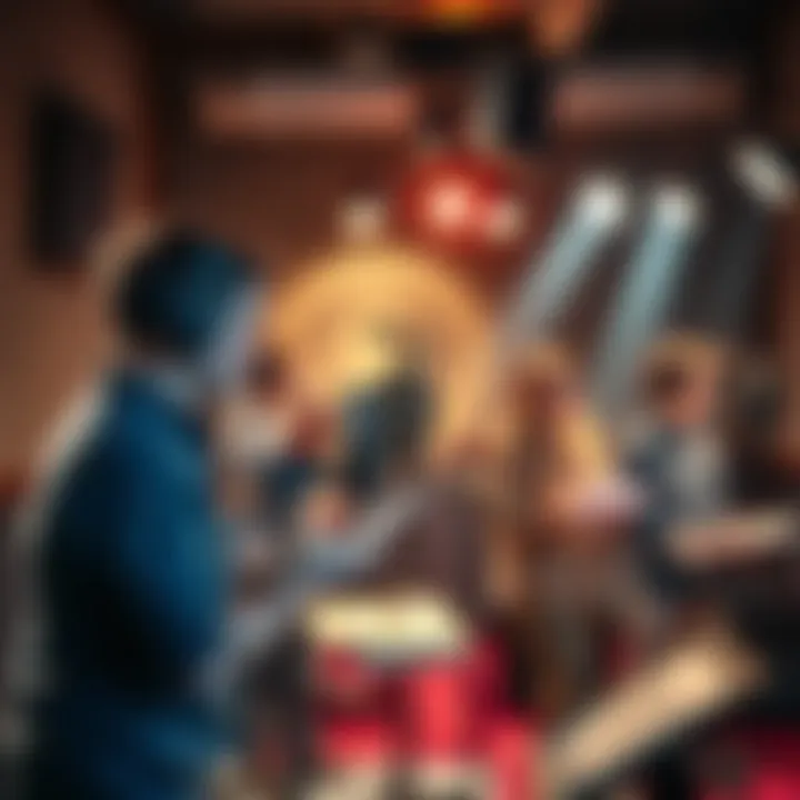 Voice Actors Performing A group of voice actors in a recording studio, engaging with microphones and scripts, showing the art of voice acting.