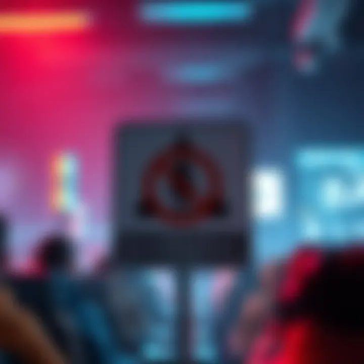 A graphic showing a warning sign for harassment in voice chat with a ban symbol, representing strict policies against ganging up on players.