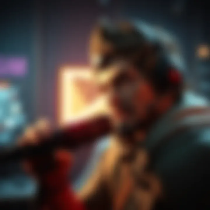 A character in a gaming environment speaking into a microphone, showcasing different voice lines and their impact on gameplay.