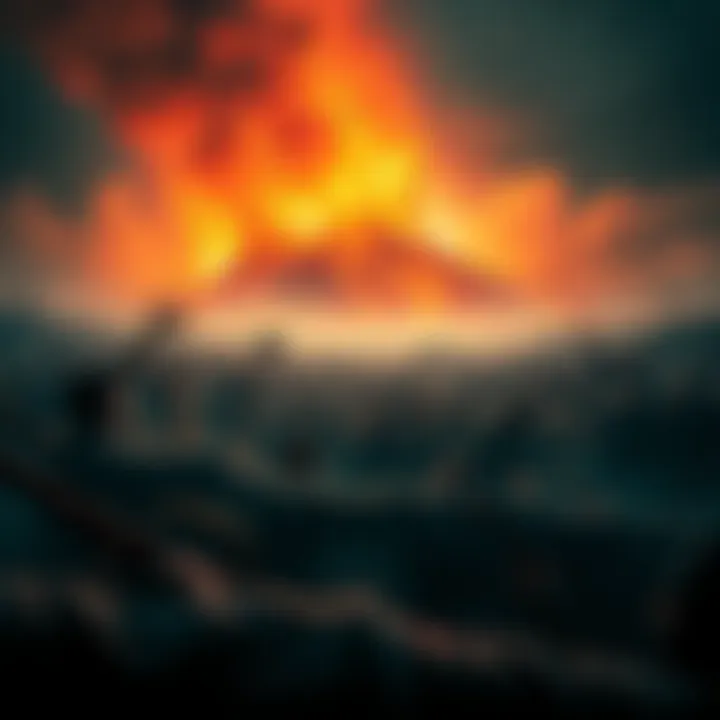 A scene depicting a chaotic crowd fleeing from a volcanic eruption in an ancient setting.