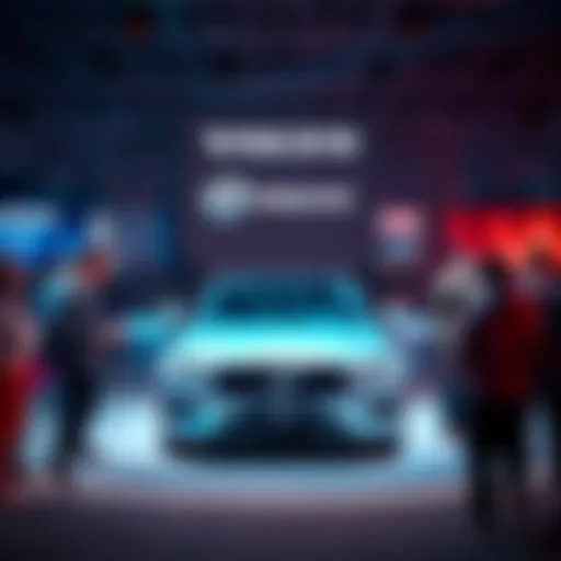 A Volvo car displayed at a gaming event, surrounded by people discussing Dota 2's future.