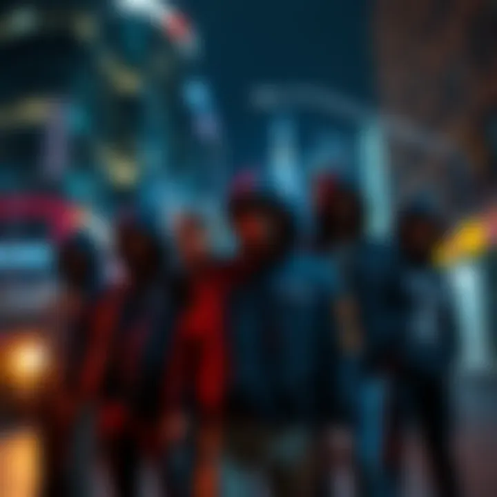 A group of gang members in urban setting, reflecting their strong community ties and defiance against authority, embodying their complex character in Night City.