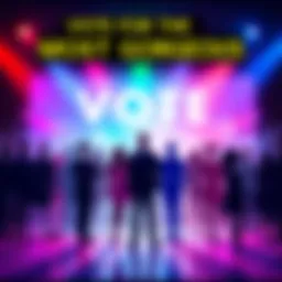 Vote for the Most Gorgeous A colorful graphic inviting viewers to vote on who they find most attractive, featuring silhouettes of diverse individuals