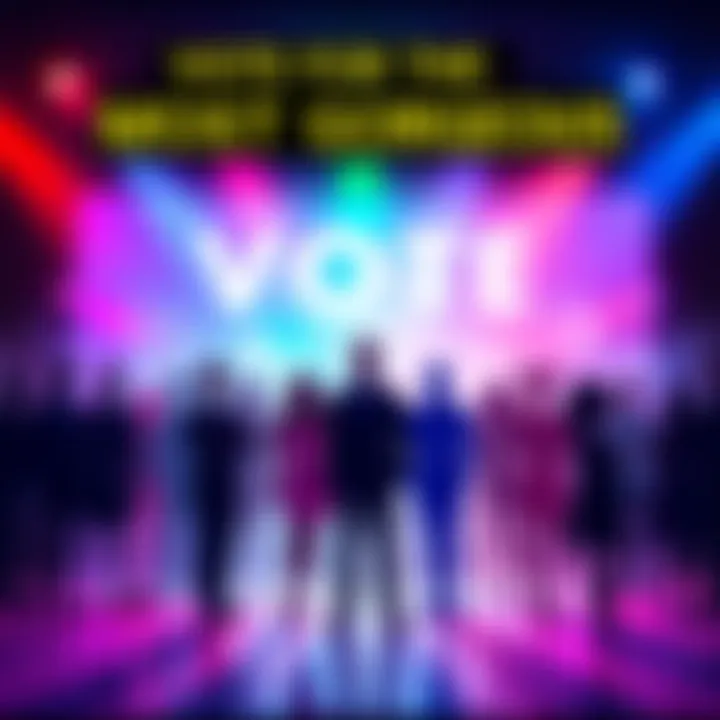Vote for the Most Gorgeous A colorful graphic inviting viewers to vote on who they find most attractive, featuring silhouettes of diverse individuals