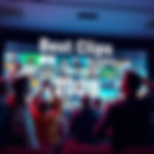 A group of people excitedly watching a compilation of video clips on a large screen, with text indicating voting for favorite moments.