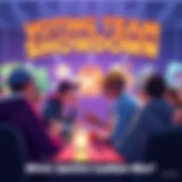 People discussing their team choices for a Splatfest-style event with colorful game graphics in the background