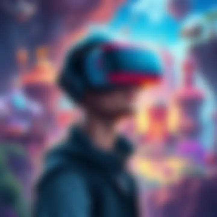 A person wearing a VR headset exploring a vibrant, digital world filled with imaginative landscapes and structures, representing the essence of exploration in VR games.
