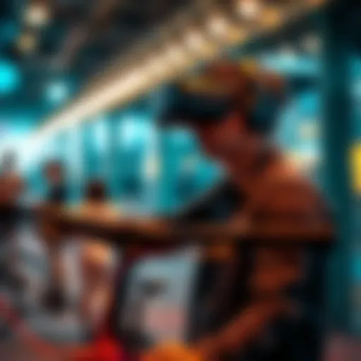 A person wearing a VR headset is inspecting a bicycle with virtual elements around them, showing advanced technology in use.
