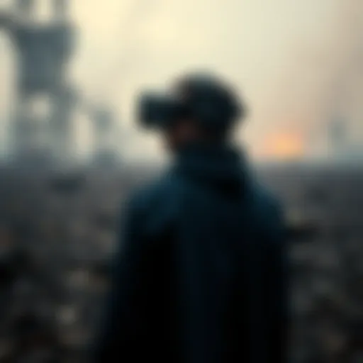 A character stands in a barren, polluted landscape wearing a VR headset, looking out at the bleak environment around them.