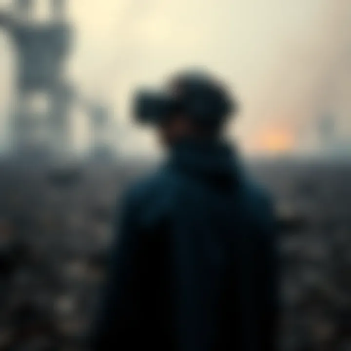 A character stands in a barren, polluted landscape wearing a VR headset, looking out at the bleak environment around them.