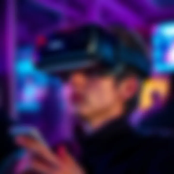 Person wearing a VR headset A person is immersed in virtual reality, wearing a VR headset and enjoying a gaming experience with a focused expression.