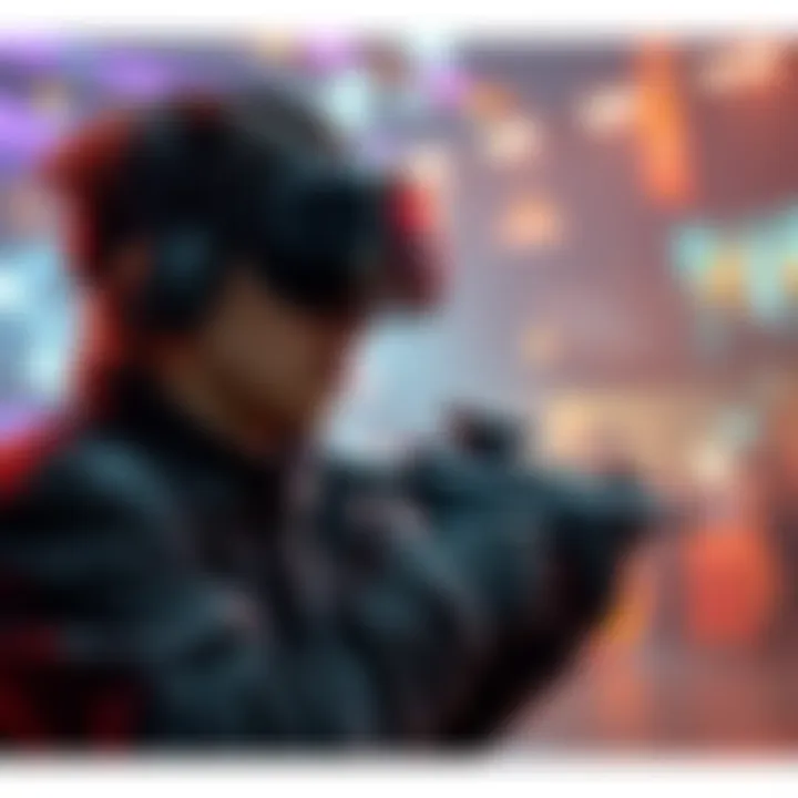 A gamer wearing a VR headset playing a first-person shooter game with a realistic virtual environment.