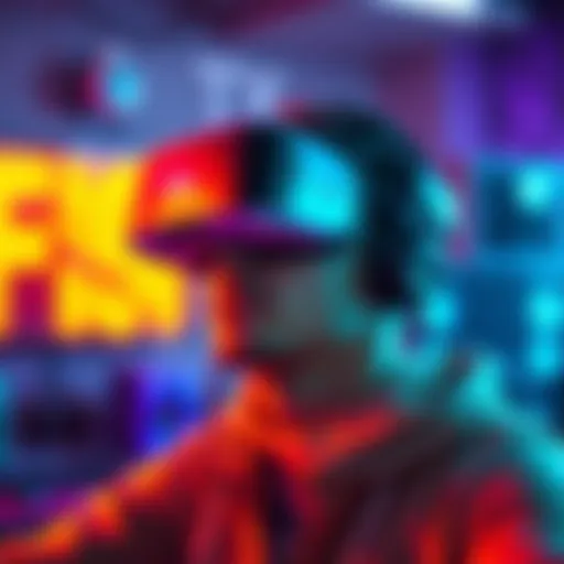 VR Gamer Using Color Pass Through Mod A person wearing a VR headset, experiencing a virtual environment with augmented colors, showcasing the color pass through mod in action.