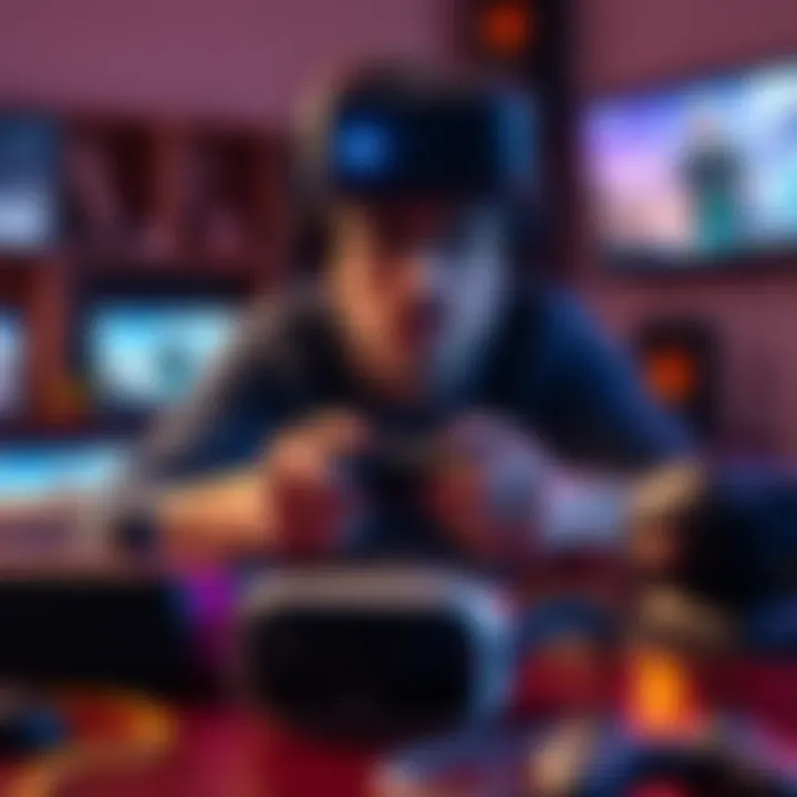 A person looking frustrated while holding a VR controller, surrounded by VR games and headset on the table