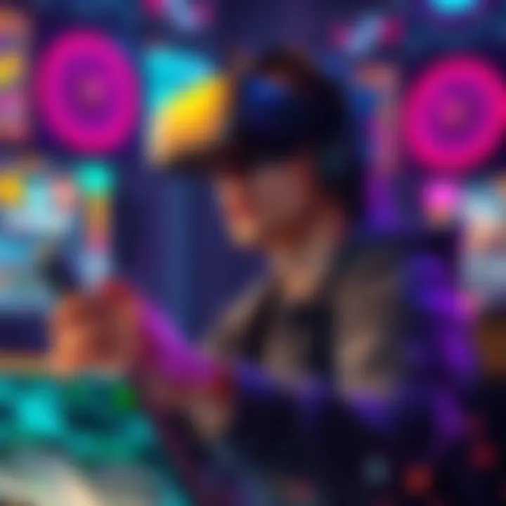 VR Gamer in Action A person wearing a VR headset playing an immersive game on Steam, surrounded by vibrant graphics and interactive elements.