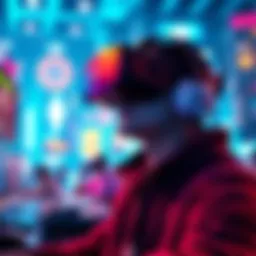 A gamer wearing a VR headset, immersed in a virtual world with vibrant graphics and interactive elements.