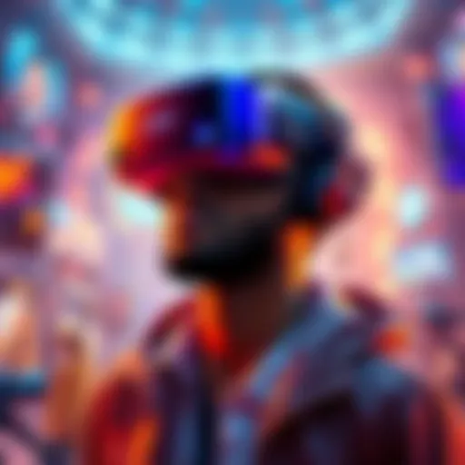 VR Gaming Experience A person wearing a VR headset immersed in a virtual environment, surrounded by futuristic game elements.