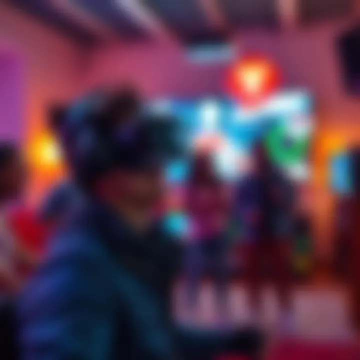 A person wearing a VR headset playing an action-packed game with friends in a lively room.