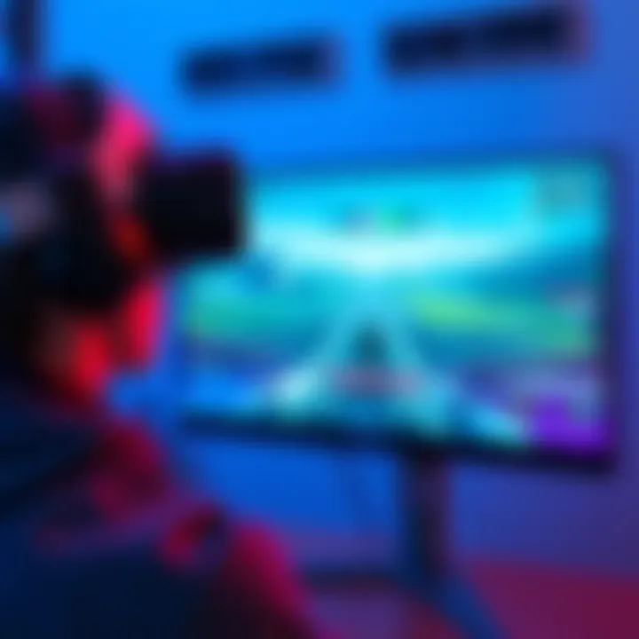 A person playing a VR game with the display mirrored on a monitor, showing the gameplay for others to see