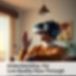 A person wearing a virtual reality headset in a living room, attempting to navigate around obstacles using the low quality pass-through feature.