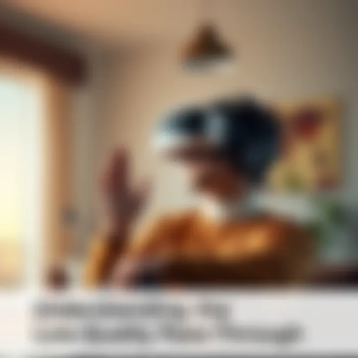 A person wearing a virtual reality headset in a living room, attempting to navigate around obstacles using the low quality pass-through feature.