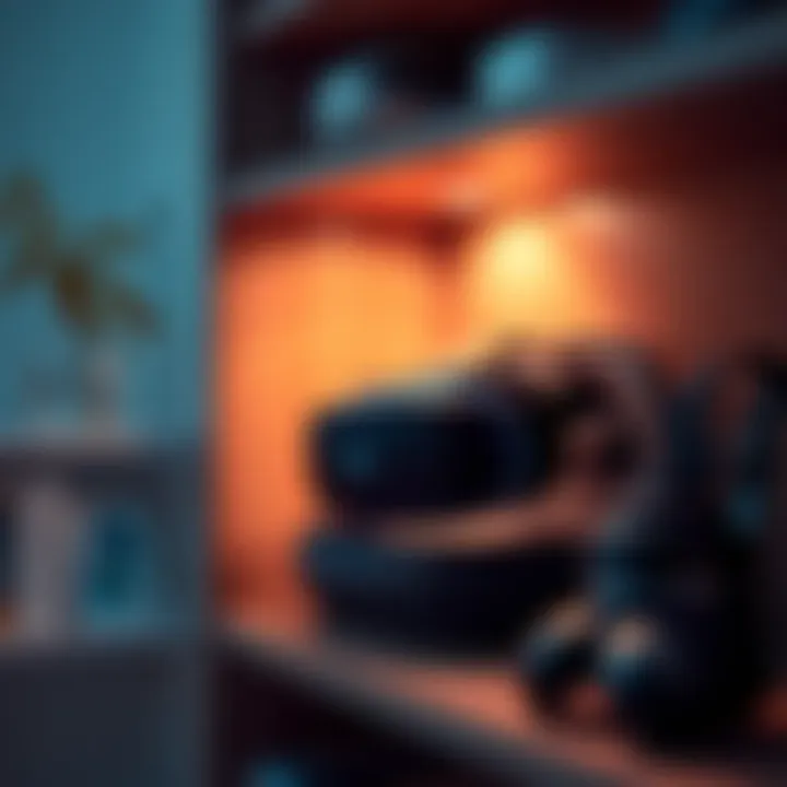 A VR headset stored safely on a shelf with protective case and accessories organized nearby