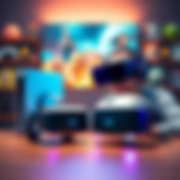 A gamer comparing PSVR 2 and Quest 3 headsets on a table, with a PlayStation 5 console and game titles in the background.