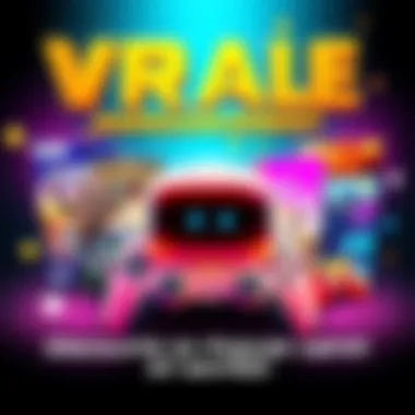Colorful graphic showing discounts on VR games with popular titles and a game controller