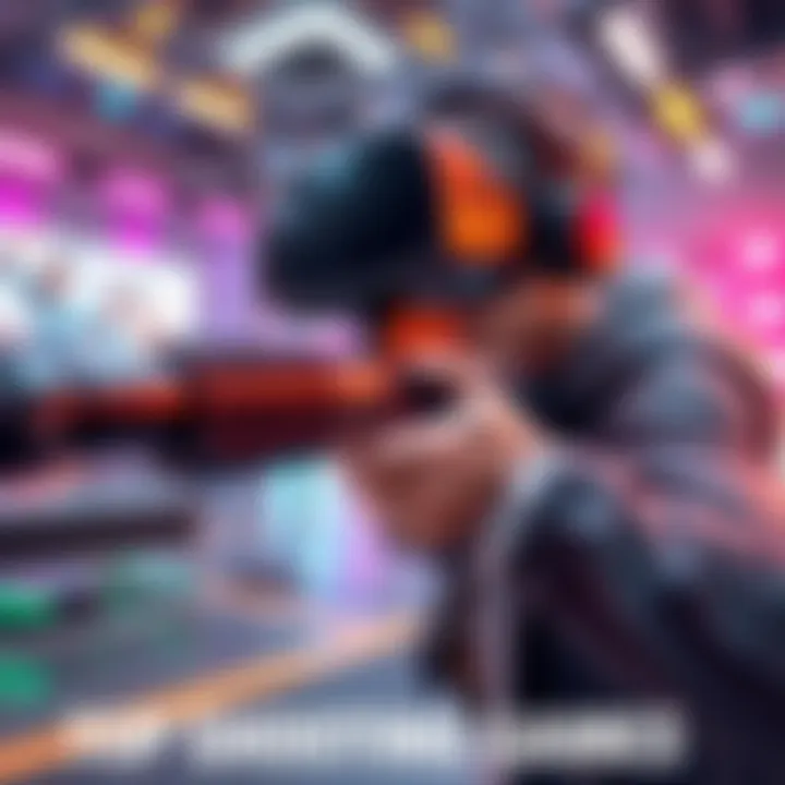 A player in a virtual reality headset aiming a futuristic weapon in an immersive gaming environment