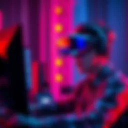 A person wearing a VR headset looking frustrated while playing a game with a computer setup, showing a screen with connectivity issues.