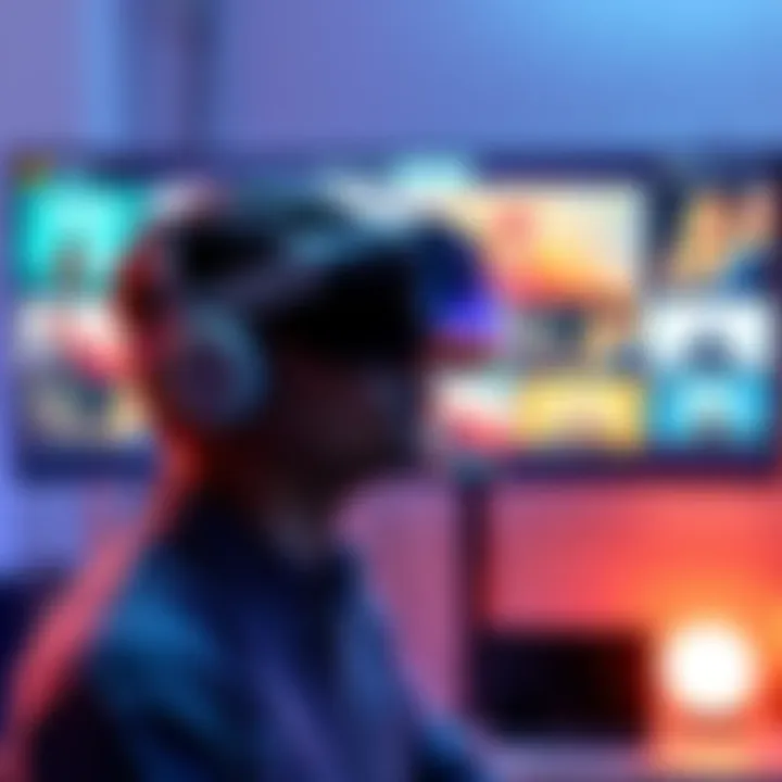 A person wearing a VR headset, exploring a virtual environment with various video players displayed on a screen in the background.