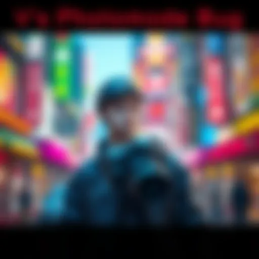 V's Photomode Bug A character named V in a game, unable to tilt their head, stands in front of a camera in a photomode. The background shows a vibrant city scene with blurred details.