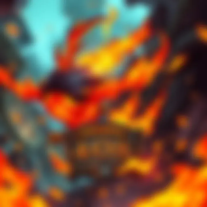 A depiction of the Vulcanos card featuring a fiery 4/8 minion with a dramatic background showing its 2-damage AoE ability