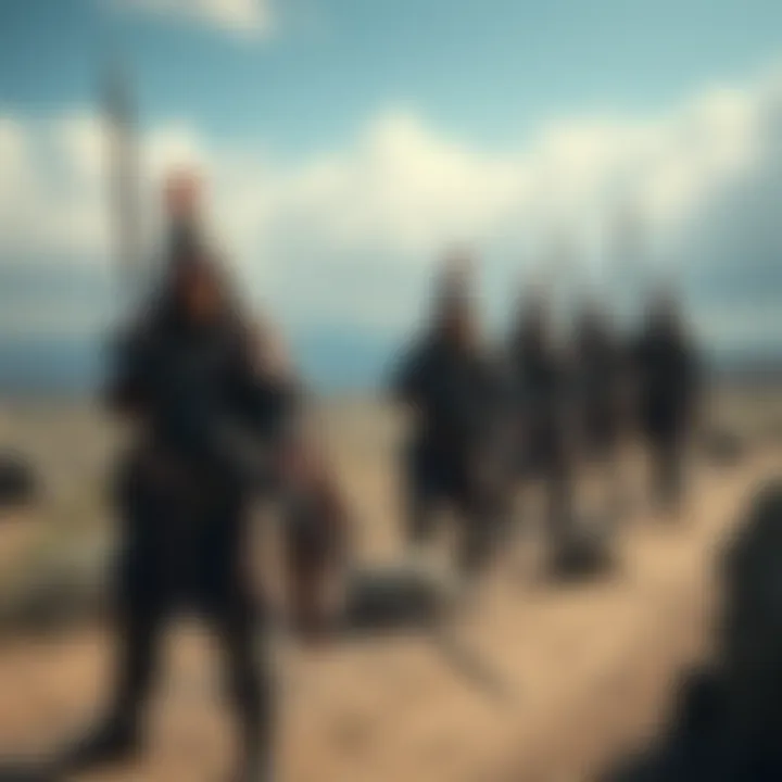 A group of Vulgar Militia Men standing in northeastern Caelid, ready for battle. They appear rugged, holding weapons, and surrounded by a barren landscape.
