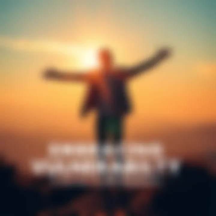 Individual standing with open arms on a hilltop, embracing the moment under a bright sky, symbolizing self-expression and connection