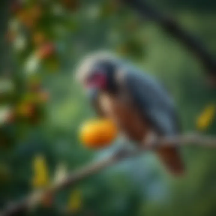 A vulture perched on a branch holding its favorite fruit, showcasing its feeding habits in the wild.