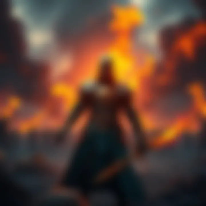 A tarnished warrior named Vyke stands on a battlefield, showcasing his armor and sword, with a backdrop of flames and chaos, symbolizing his tragic journey to become Elden Lord.