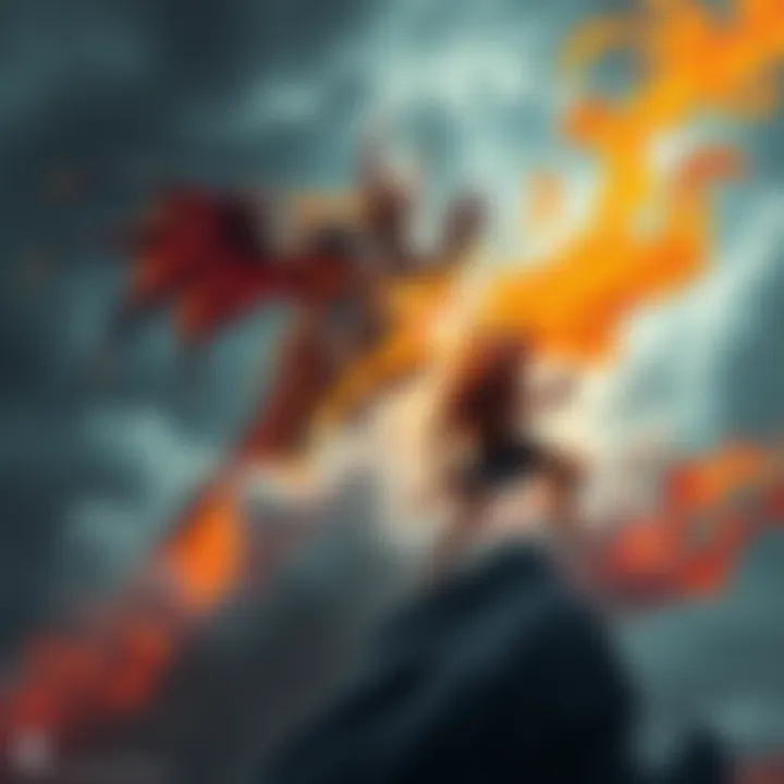 Vyranoth, a powerful elemental being, stands tall amidst swirling storm clouds, while Fyrakk, a dragon-like figure, is depicted as fiery and fierce, contrasting their elemental nature.