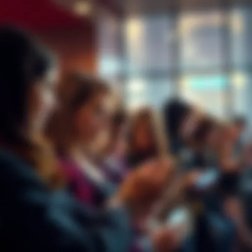 A group of people looking at their phones with expressions of anticipation, checking if they have received reservations after being on a waitlist.
