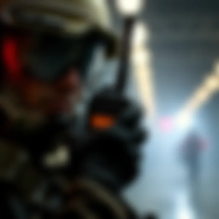 A person using a walkie talkie, concluding a message with the word 'over.' The scene captures clear communication in a tactical setting.