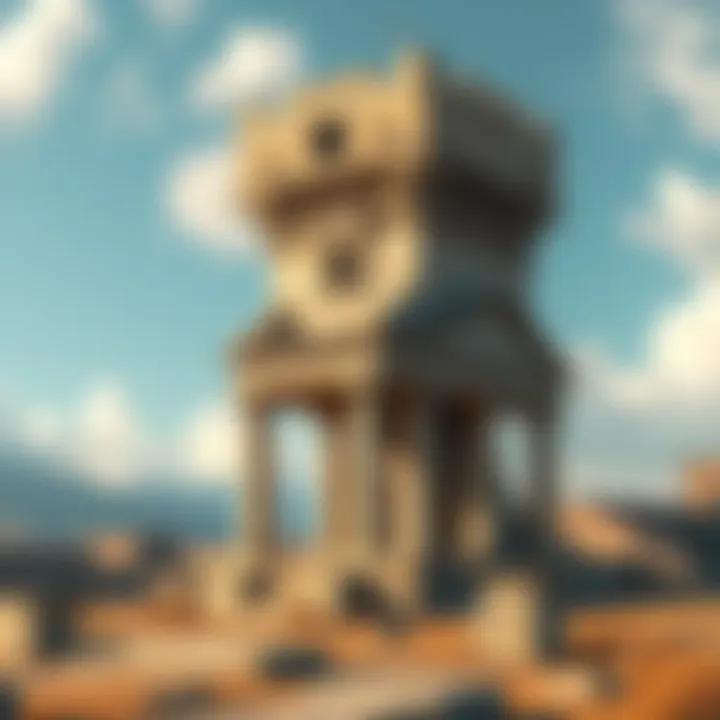 A walking mausoleum designed as a siege tower, now serving as a tomb, set in a historical landscape with battle remnants around it.